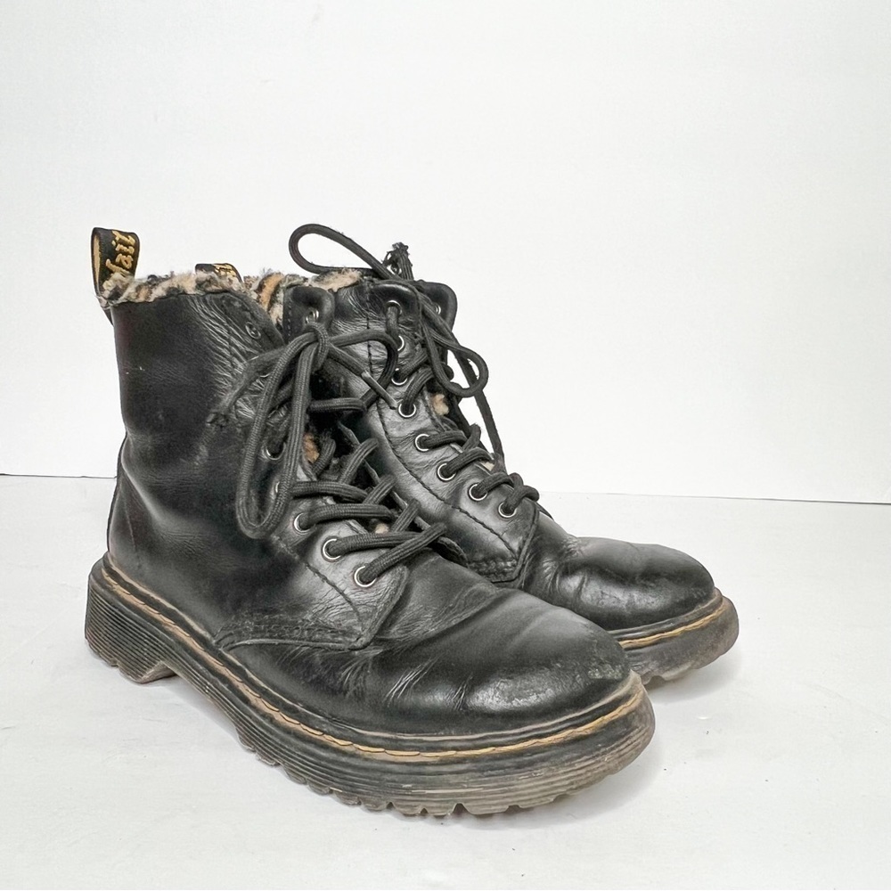 Dr. Martens 1460 Serena Leo Leopard Print Fur Trim Black Leather Combat Boots